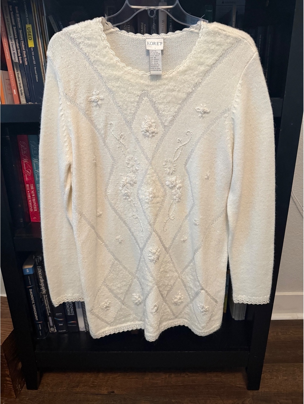 Koret Vintage Cottage Sleeve Sweater with Floral Embroidery and Scallp